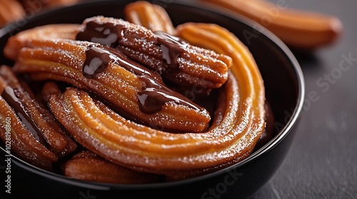 Churros dessert with coffee and chocolate sauce on black plate Close up Top view : Generative AI