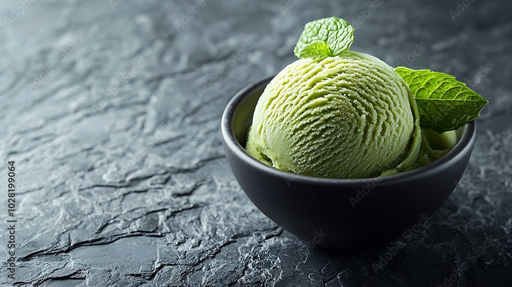 Fototapeta premium Matcha ice cream scoop in bowl on a grey stone background : Generative AI