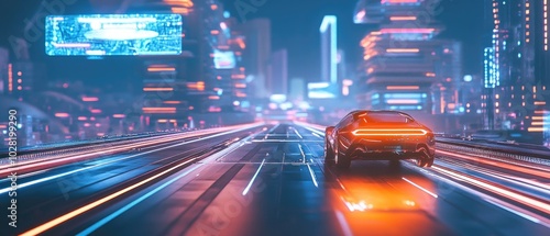 Futuristic cityscape with neon lights and a sleek car speeding down a vibrant, tech-inspired urban road. photo