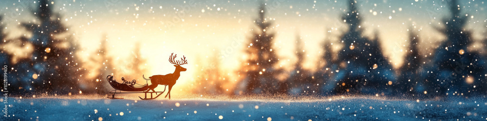 A serene winter scene featuring silhouette of reindeer pulling sleigh amidst falling snowflakes and backdrop of evergreen trees. warm glow of sunset adds magical touch to this festive atmosphere A serene winter scene featuring silhouette of reindeer pulling sleigh amidst falling snowflakes and backdrop of evergreen trees. warm glow of sunset adds magical touch to this festive atmosphere