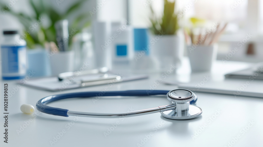 A stethoscope rests on clean desk surrounded by medical supplies, plants, and stationery, symbolizing healthcare and wellness in modern environment A stethoscope rests on clean desk surrounded by medical supplies, plants, and stationery, symbolizing healthcare and wellness in modern environment