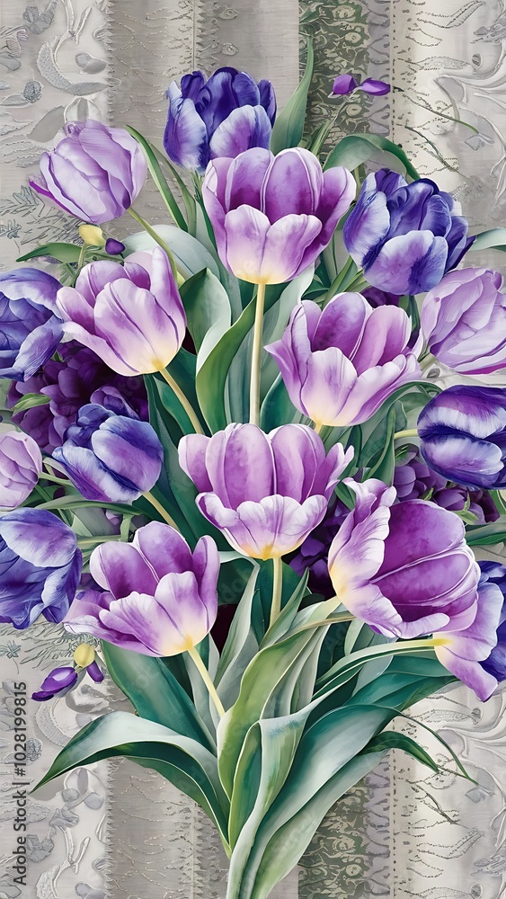 Obraz premium Purple and blue tulips watercolor illustration set. Seamless background pattern. Fabric wallpaper print texture.