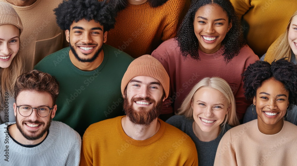 Smiling group of diverse young adults with various hairstyles and clothing colors, showcasing joy and friendship in vibrant setting Smiling group of diverse young adults with various hairstyles and clothing colors, showcasing joy and friendship in vibrant setting