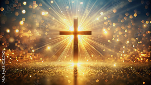 The sparkling golden abstract background highlights the magnificence of the glowing cross in the center of the composition.