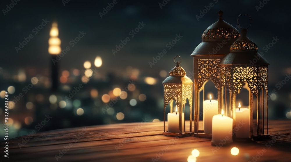 Obraz premium Golden Lanterns with City Lights
