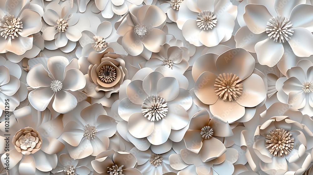A seamless 3D pattern of intricately textured paper flowers in neutral tones, arranged in a symmetrical design, giving a modern and sophisticated look. 8k UHD, suitable for high-quality printing A seamless 3D pattern of intricately textured paper flowers in neutral tones, arranged in a symmetrical design, giving a modern and sophisticated look. 8k UHD, suitable for high-quality printing