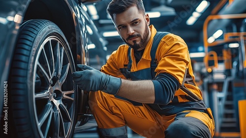 Mechanic Inspecting Car Wheel in Garage