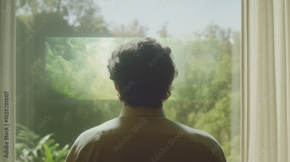 A person gazes out window, captivated by serene view of lush greenery and nature. sunlight filters through, creating peaceful atmosphere that evokes sense of tranquility and reflection A person gazes out window, captivated by serene view of lush greenery and nature. sunlight filters through, creating peaceful atmosphere that evokes sense of tranquility and reflection