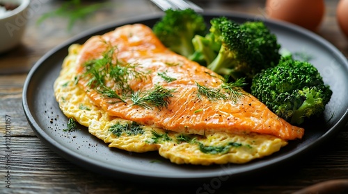 Omelet with smoked salmon and broccoli on a plate Close up : Generative AI