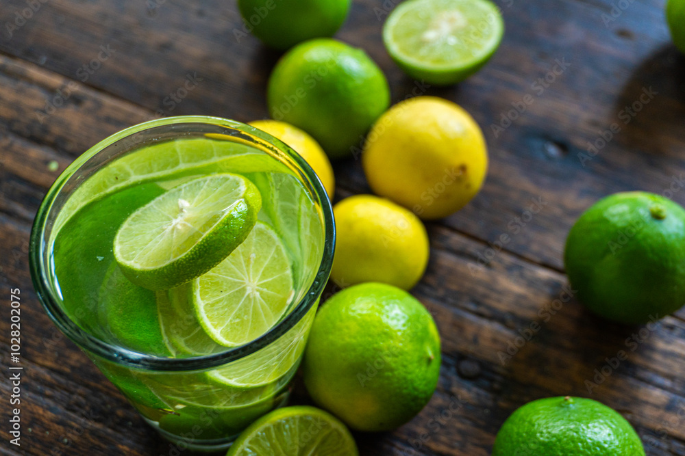 A glass of refreshing lemon water with fresh lemon slices on a wooden table. A glass of refreshing lemon water with fresh lemon slices on a wooden table.