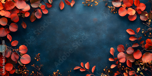 Red Autumn Leaves Frame on Blue Background.