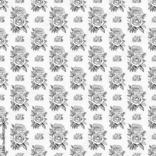 seamless pattern of white roses and roses. seamless pattern with hand drawn flowers, leaves and branches.