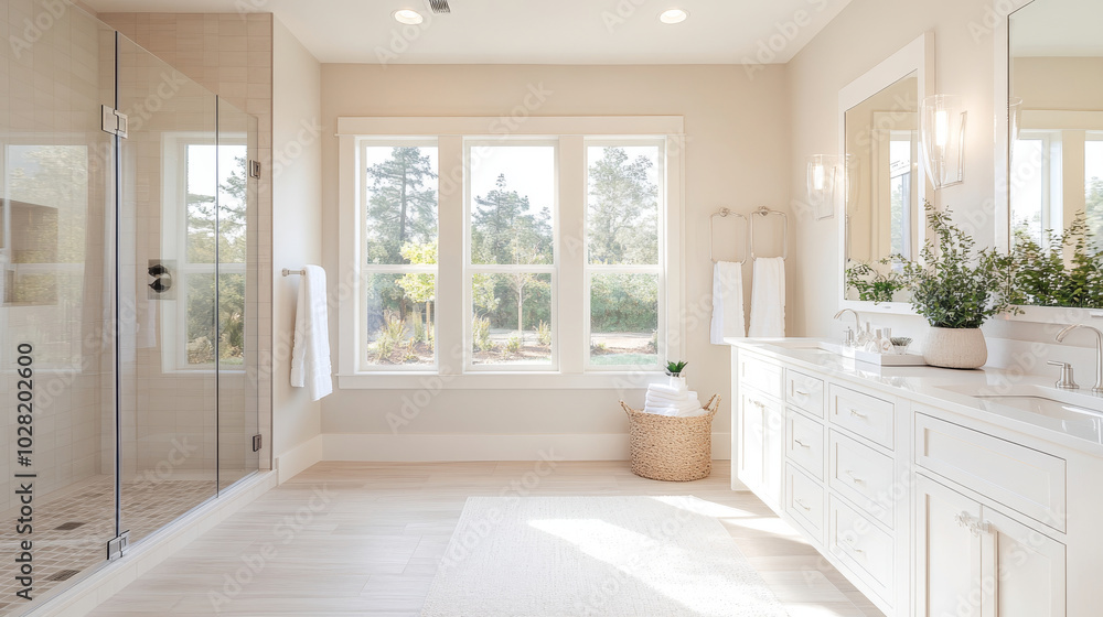 A modern bathroom featuring spacious shower, large windows, and elegant fixtures. serene atmosphere is enhanced by natural light and greenery, creating relaxing space A modern bathroom featuring spacious shower, large windows, and elegant fixtures. serene atmosphere is enhanced by natural light and greenery, creating relaxing space