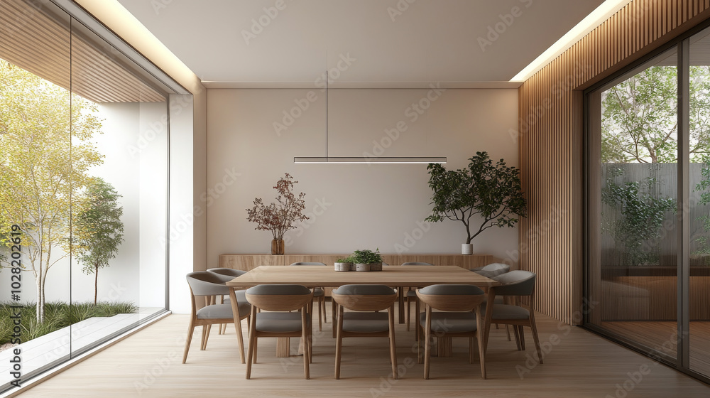 A modern dining room featuring large wooden table surrounded by stylish chairs, complemented by natural light from expansive glass windows. serene atmosphere is enhanced by indoor plants and minimalis A modern dining room featuring large wooden table surrounded by stylish chairs, complemented by natural light from expansive glass windows. serene atmosphere is enhanced by indoor plants and minimalis