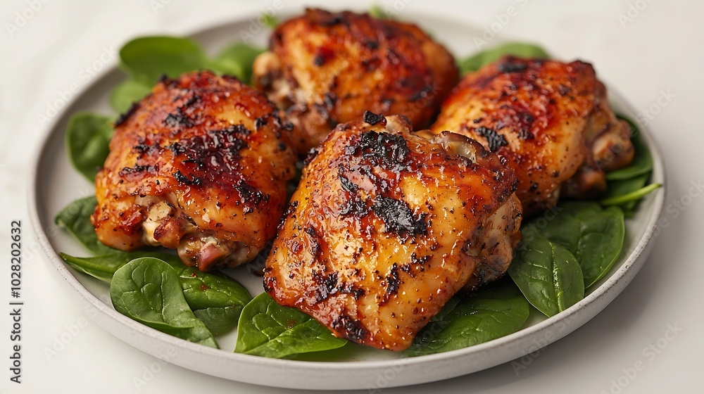 Roasted partridge chicken thigh with queen apple and spinach leaves on a white plate : Generative AI Roasted partridge chicken thigh with queen apple and spinach leaves on a white plate : Generative AI
