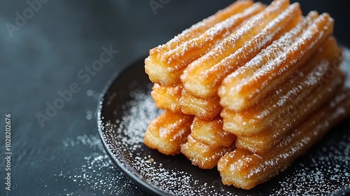 Churros dessert on black plate Grey background Close up : Generative AI