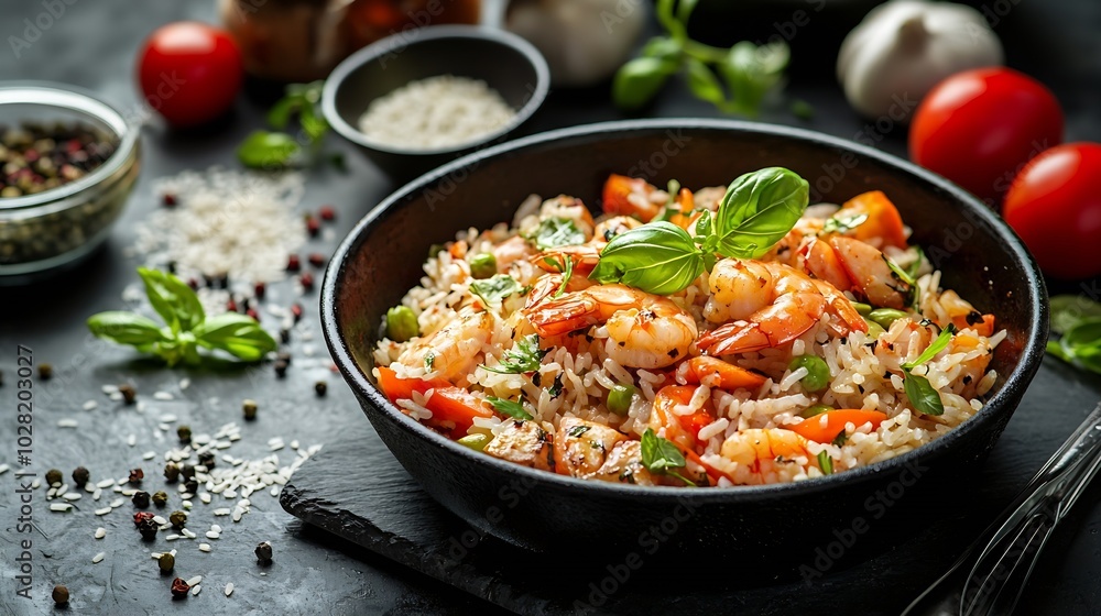 Stir fry rice with vegetables and shrimps in black iron pan Slate background Close up Top view : Generative AI Stir fry rice with vegetables and shrimps in black iron pan Slate background Close up Top view : Generative AI