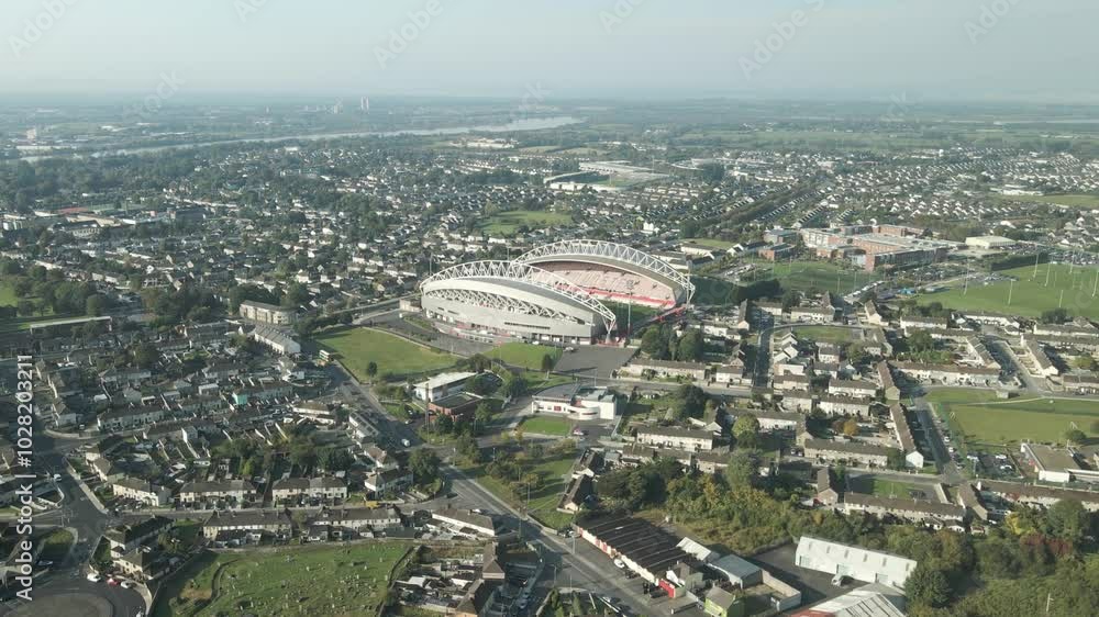 Limerick Cityscape And Thomond Park Stadium In The Irish Province of Munster, Ireland. Aerial Drone Shot Limerick Cityscape And Thomond Park Stadium In The Irish Province of Munster, Ireland. Aerial Drone Shot