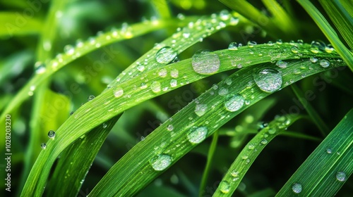 Dewdrops on Lush Green Blades of Grass