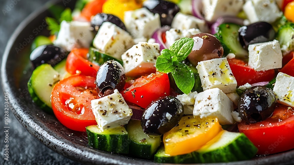 Greek salad Fresh vegetables feta cheese and black olives with white wine : Generative AI Greek salad Fresh vegetables feta cheese and black olives with white wine : Generative AI