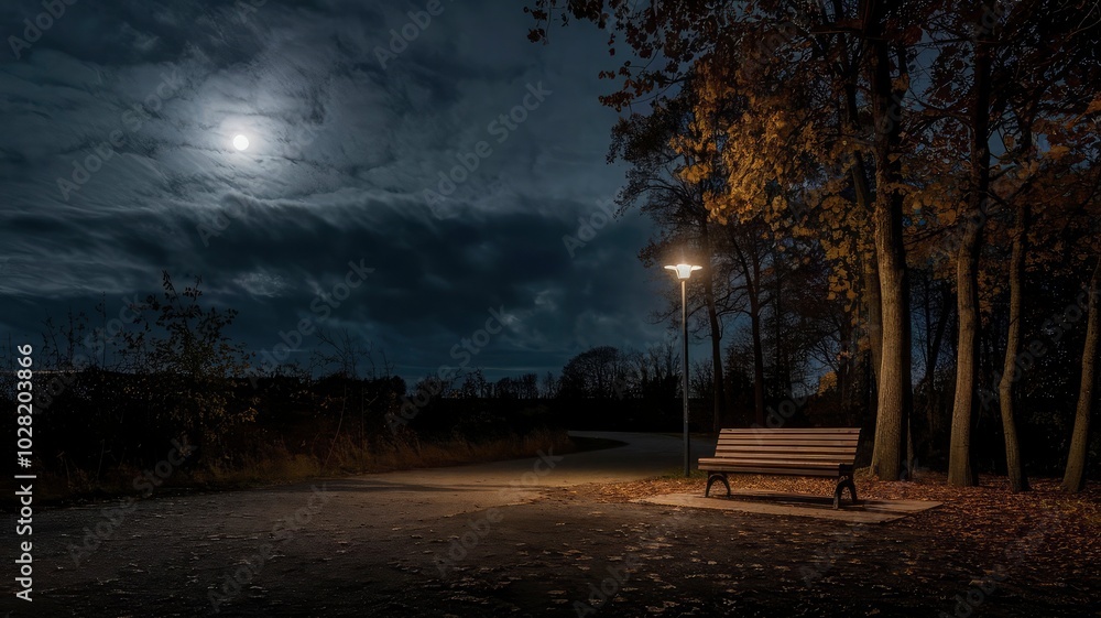 Fototapeta premium A bench is sitting under a full moon.