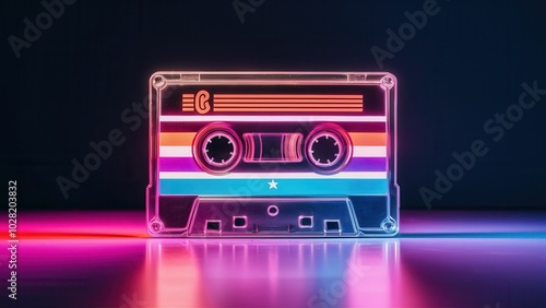 Neon pink cassette tape with rainbow effect on purple-to-pink gradient background