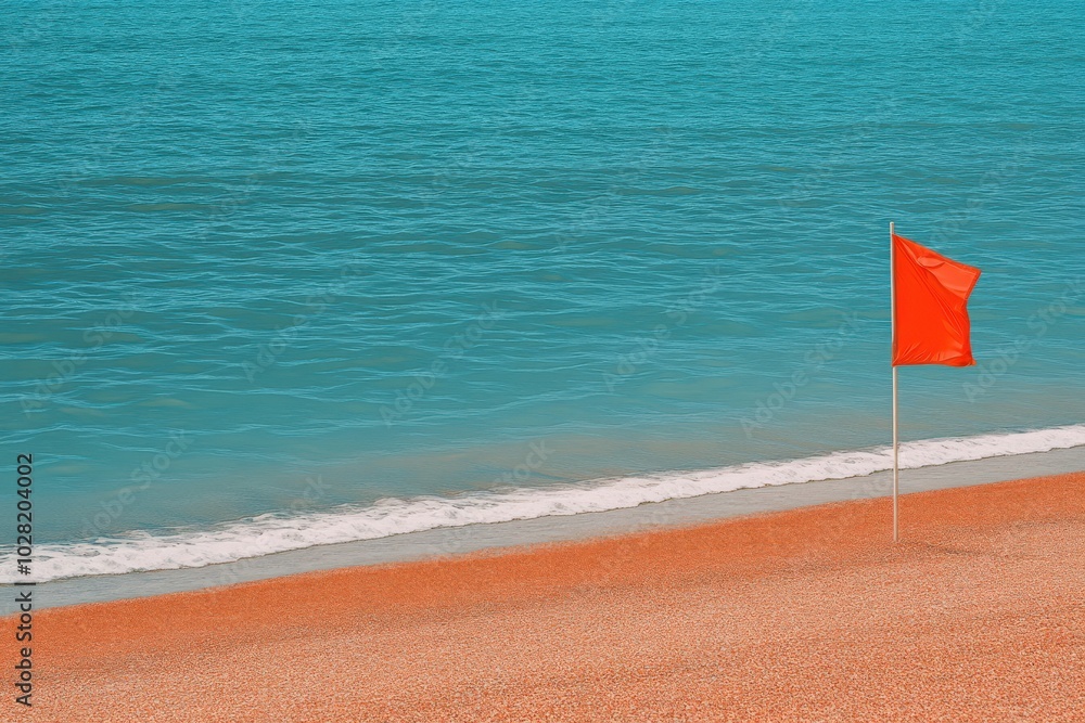 Warning Flag on Red Beach. Caution on Sandy Shoreline by the Sea Warning Flag on Red Beach. Caution on Sandy Shoreline by the Sea