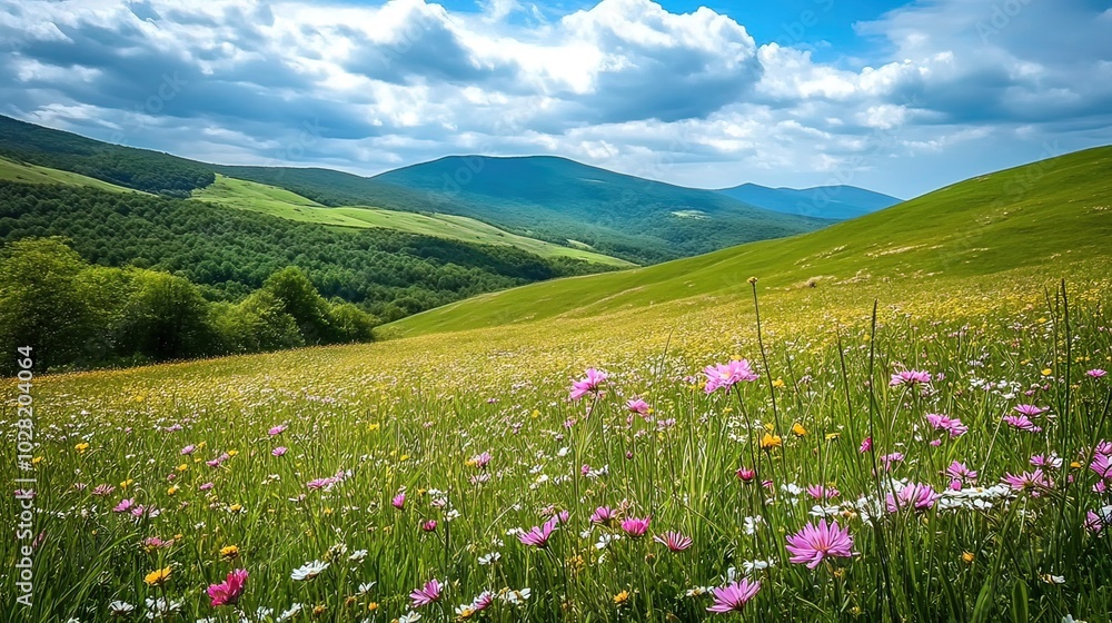 Vibrant Wildflower Meadow with Rolling Hills Vibrant Wildflower Meadow with Rolling Hills