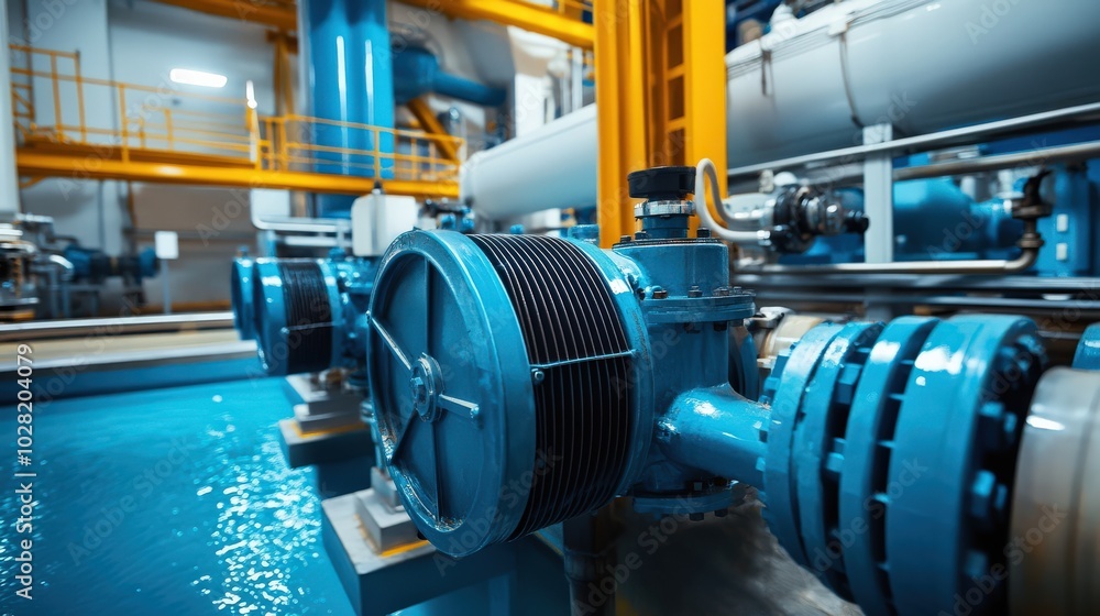Water Pump System in Industrial Water Treatment Plant with Blue Metal Technology Room Background Water Pump System in Industrial Water Treatment Plant with Blue Metal Technology Room Background
