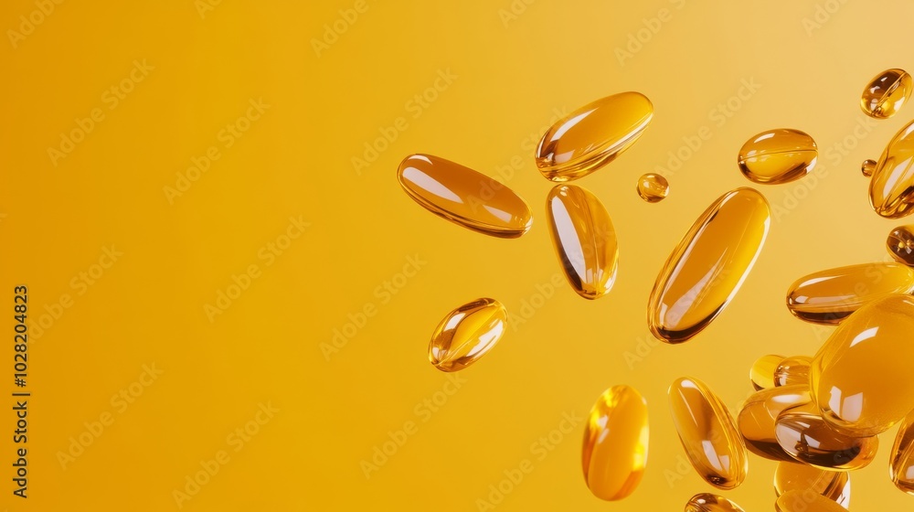 Oil capsules on a vibrant yellow background, highlighting health and wellness. Oil capsules on a vibrant yellow background, highlighting health and wellness.