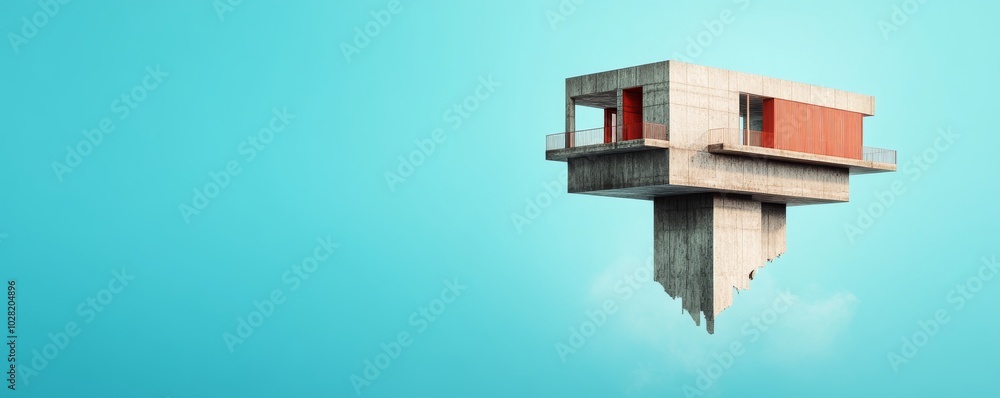 Modern floating house design against a bright blue sky, minimal and unique construction.