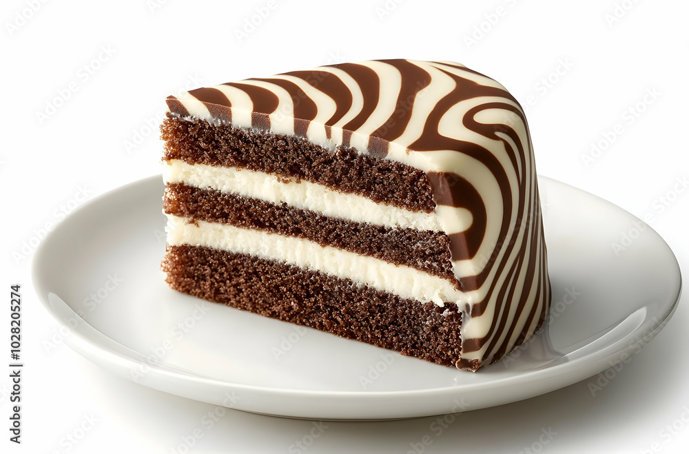 Chocolate Zebra Cake Slice on White Plate. Chocolate Zebra Cake Slice on White Plate.