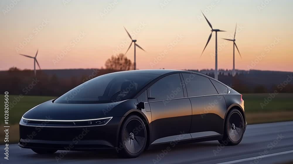 Black electric car driving on a road with wind turbines in the background at sunset. Black electric car driving on a road with wind turbines in the background at sunset.