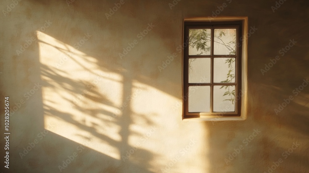 A window with a view of branches and a sunlit wall. A window with a view of branches and a sunlit wall.