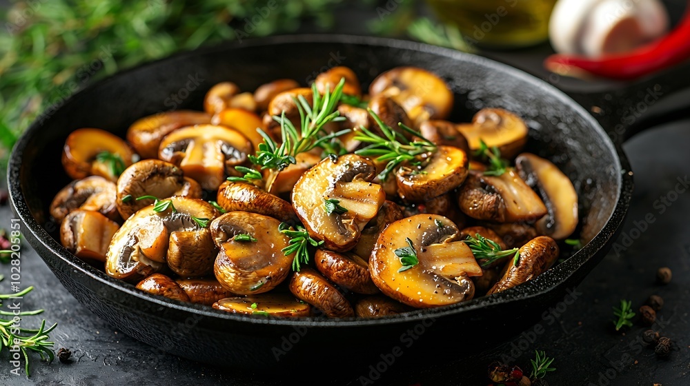 Fried mushrooms with fresh herbs in black cast iron pan : Generative AI Fried mushrooms with fresh herbs in black cast iron pan : Generative AI