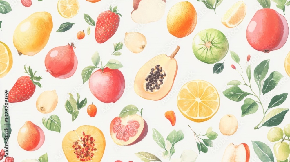 Watercolor Seamless Pattern of Fresh Fruit and Greenery Watercolor Seamless Pattern of Fresh Fruit and Greenery