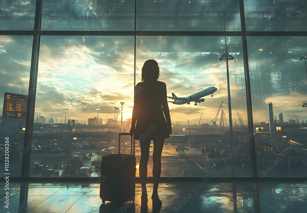 Fototapeta premium Woman Waiting For Her Flight at the Airport.