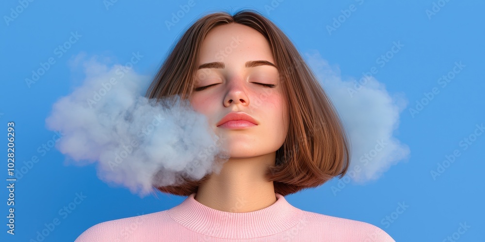 Young Woman with Short Hair Surrounded by White Cloud Against Blue Sky Young Woman with Short Hair Surrounded by White Cloud Against Blue Sky