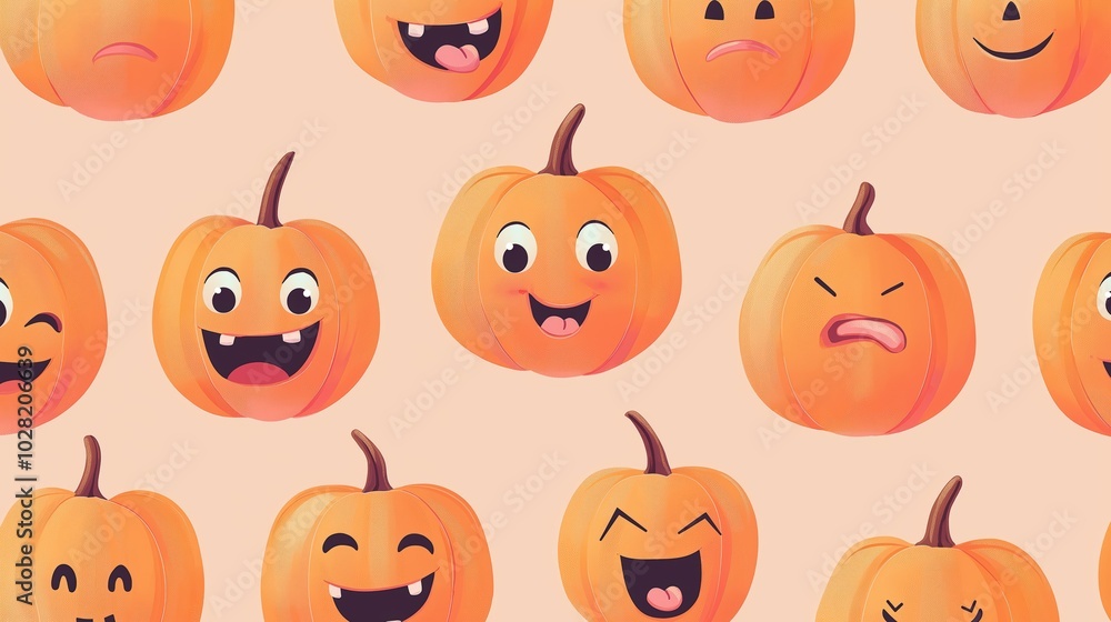 Cute Cartoon Pumpkins with Playful Expressions in Halloween Pattern Cute Cartoon Pumpkins with Playful Expressions in Halloween Pattern