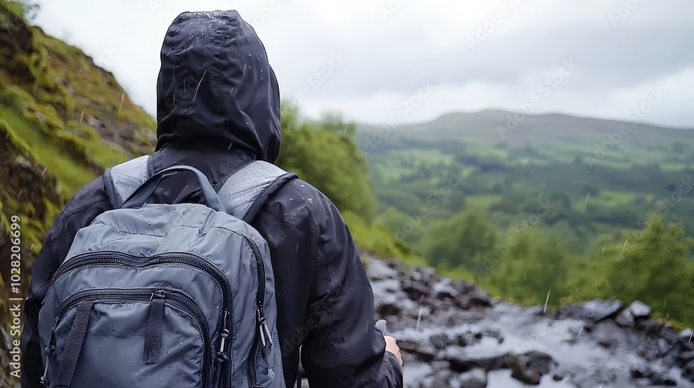 Hiking in the Rain Backpacking through Mountain Landscape Hiking in the Rain Backpacking through Mountain Landscape