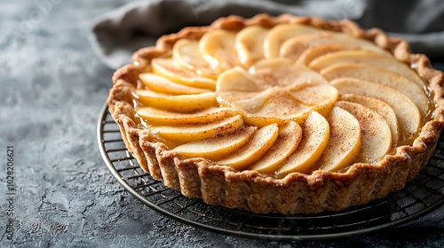 Apple galette pie tart with cinnamon on cooling rack on a grey stone background Top view : Generative AI photo