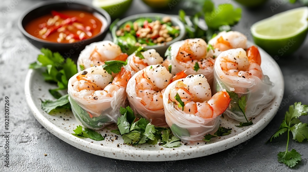 Fresh spring rolls with rice noodles pork prawn and herbs with peanut chili sauce on a white plate : Generative AI Fresh spring rolls with rice noodles pork prawn and herbs with peanut chili sauce on a white plate : Generative AI