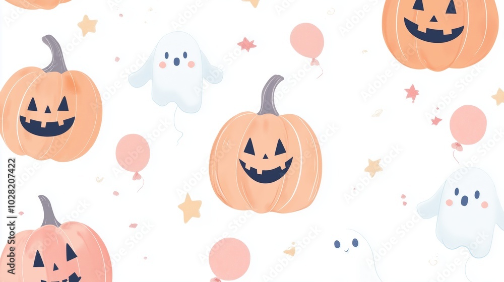 Whimsical Halloween Illustration of Ghosts and Jack-o'-Lanterns Whimsical Halloween Illustration of Ghosts and Jack-o'-Lanterns