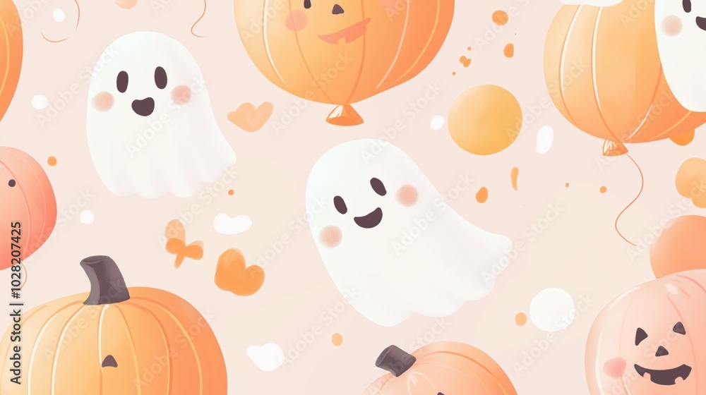 Playful Halloween Design Featuring Smiling Pumpkins and Ghosts Playful Halloween Design Featuring Smiling Pumpkins and Ghosts