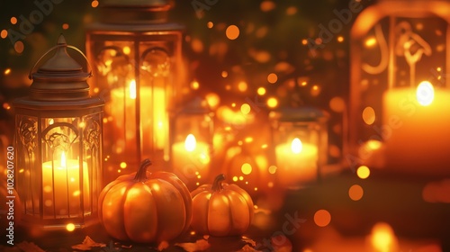 Warm Candlelit Halloween Lanterns and Pumpkins in Cozy Setting