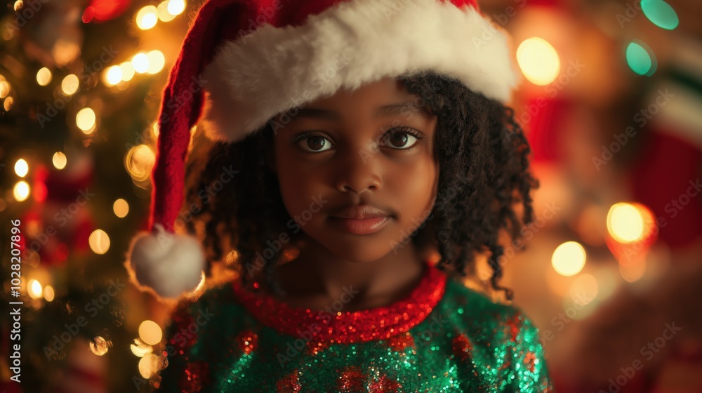 Young Girl in Festive Christmas Outfit and Santa Hat by Christmas Tree Young Girl in Festive Christmas Outfit and Santa Hat by Christmas Tree
