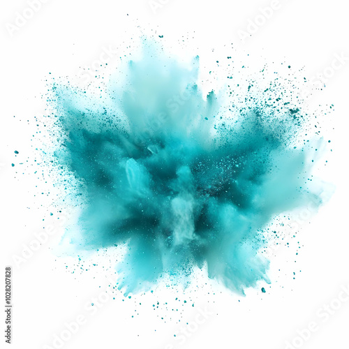 Teal Powder Explosion on White Background.