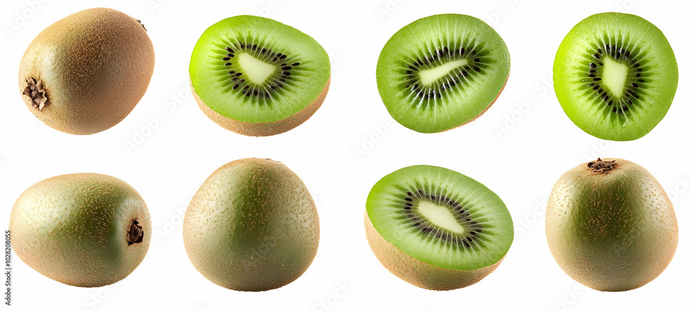 Fototapeta premium Fresh Kiwi Fruit Slices and Whole Fruit on White Background.