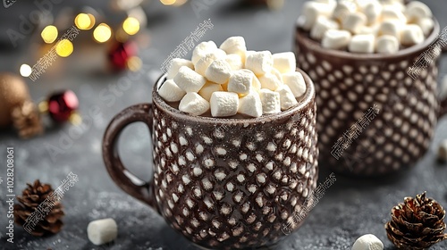 Hot chocolate with marshmallows in Christmas mugs on grey background Close up : Generative AI