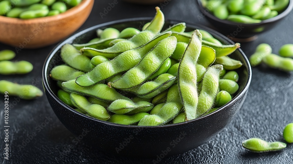 Fresh edamame green beans in black bowl Grey background Top view Copy space : Generative AI Fresh edamame green beans in black bowl Grey background Top view Copy space : Generative AI